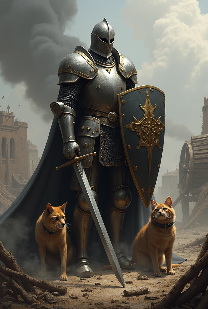 Knight with sword and shield in a war protects abandoned dog and cat