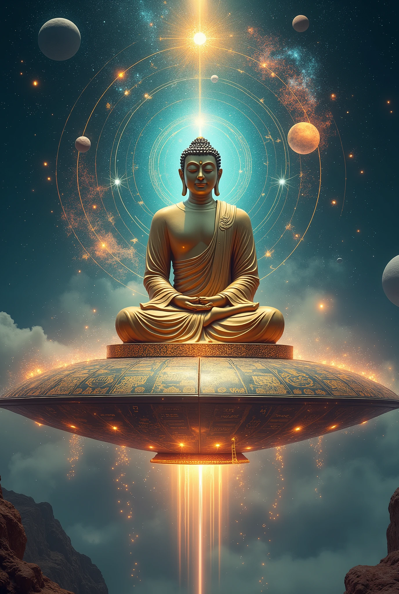 a very realistic and very psychedelic Buddha sitting on top of a flying saucer around several planets, psychedelia, etc... 

a very colorful and eye-catching image, the Buddha is very modern and meditating with a happy face, the flying saucer is full of lights and very realistic around the planets, astrological calculations and all the art involving quantum mechanics. I want everything to be very engaging., with occultism, involving spirituality
