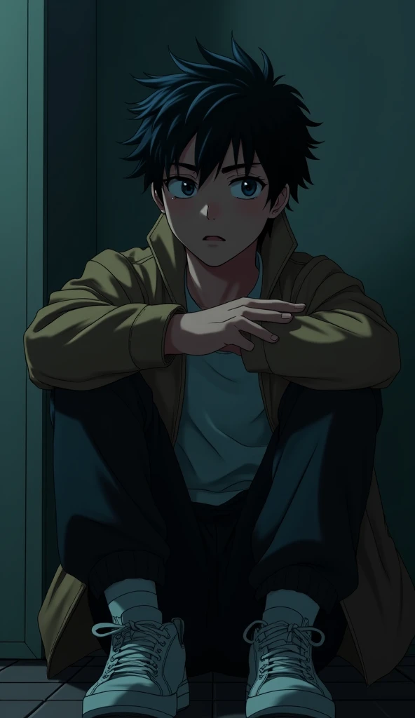 (Anime image) create 4k hd sad alone 16 years boy image he is very upset, his look is very nice and cool anime image. His background is darkness and some lighting effect, the boy own woddie and pant and snakers.
