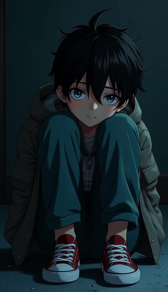 (Anime image) create 4k hd sad alone 16 years boy image he is very upset, his look is very nice and cool anime image. His background is darkness and some lighting effect, the boy own woddie and pant and snakers.