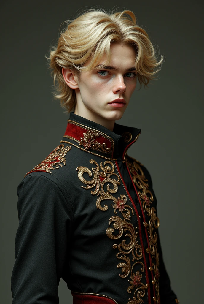 Photorealistic digital (absurd, High resolution, Super detailed), 1 young man, Effeminate, blue eyes,blonde hair in waves and layers. lonely, Round Chin, Baroque, victorian clothing, long sleeve, elegant, rich and colorful, the most detailed, with boots.