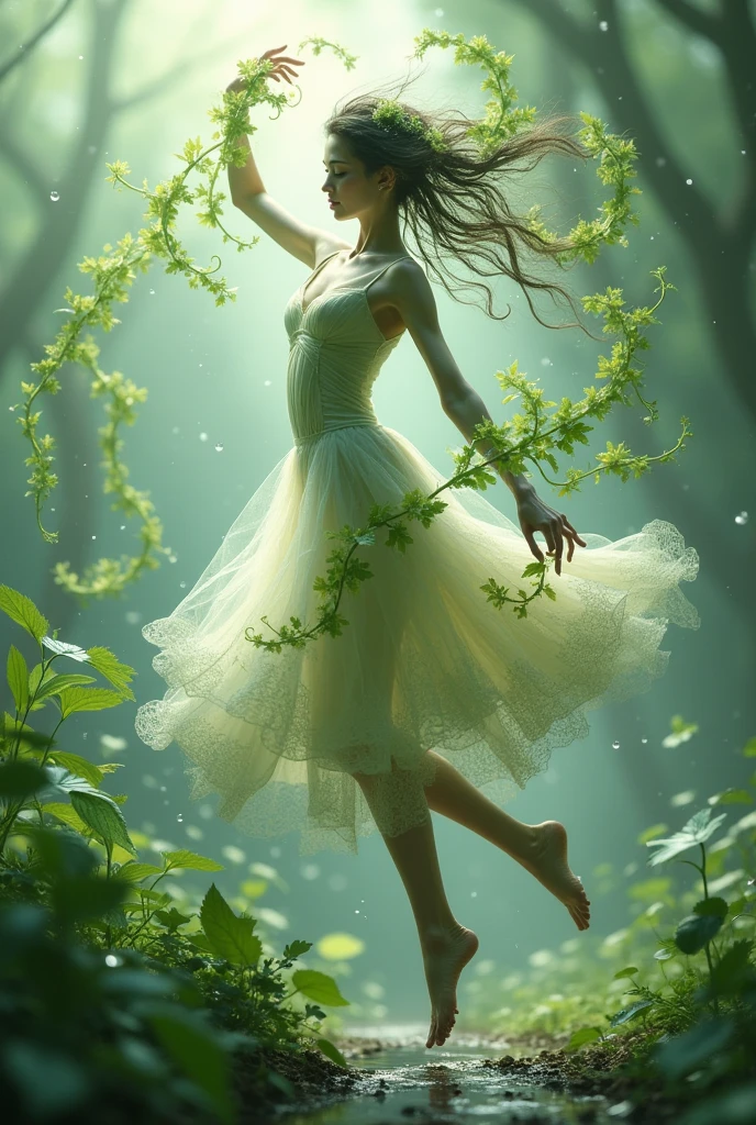 Delicate,intricate leaf resembling delicate brushes as tindrils of foliage swril around the figure blurring the lines between dancer and environment against a backdrop of gentle glistening raindrops 