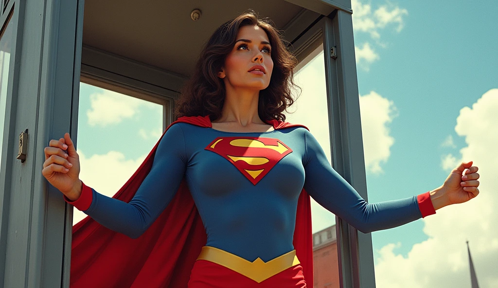 (((very beautiful old Supergirl (((1980s costume))) Julie Hagerty(((dark-haired, large-breasted woman in her 50s)))) Super woman Julie Hagerty; confident, powerful, indestructible, attractive; big and firm chest; strong breasts; saindo de uma cabine telefônica e decolando para o céu, By Georege Perez