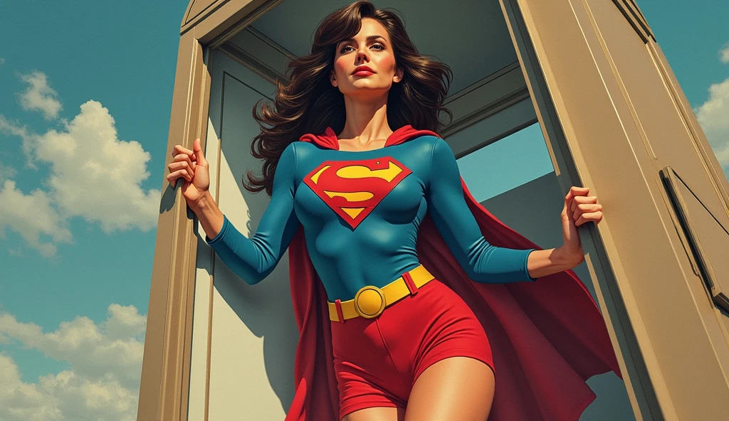 (((very beautiful old Supergirl (((1980s costume))) Julie Hagerty(((dark-haired, large-breasted woman in her 50s)))) Super woman Julie Hagerty; confident, powerful, indestructible, attractive; big and firm chest; strong breasts; saindo de uma cabine telefônica e decolando para o céu, By Georege Perez