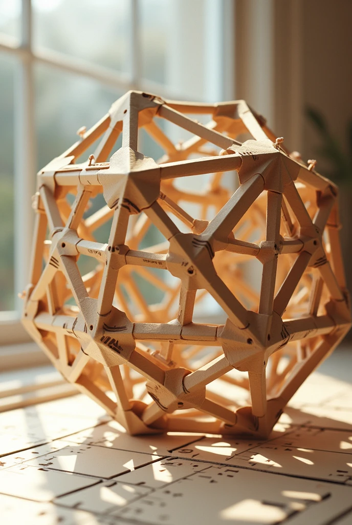 make a spiral network with the root of 2 using the golden ratio combine that type of organization with a network of cuboctahedrons the image has to have the style of a model made of cardboard and the main idea is a tensegrity make it have some holes so the light passes through and make the image horizontal I don't like that point of view make one in which the whole model can be seen but use an order system based on the golden ratio