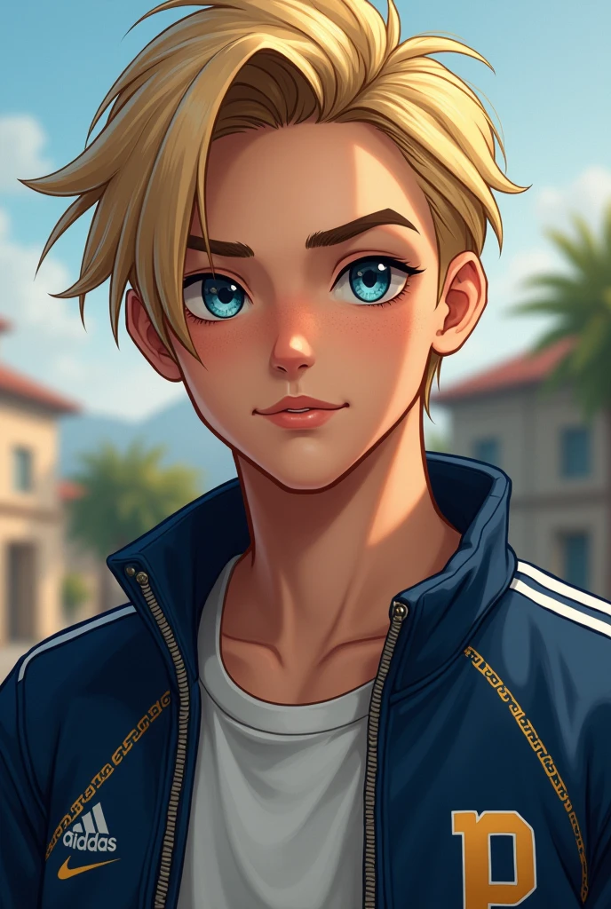 He is a teenager with straight blond hair and his haircut is swept to the side and is very charming to women., piercing gaze and the color of his blue eyes picina, with an athletic body and impeccable posture and wears a uniform with a team jacket and an acronym for the school&#39;s name, which is P for team, just like the United States.  
