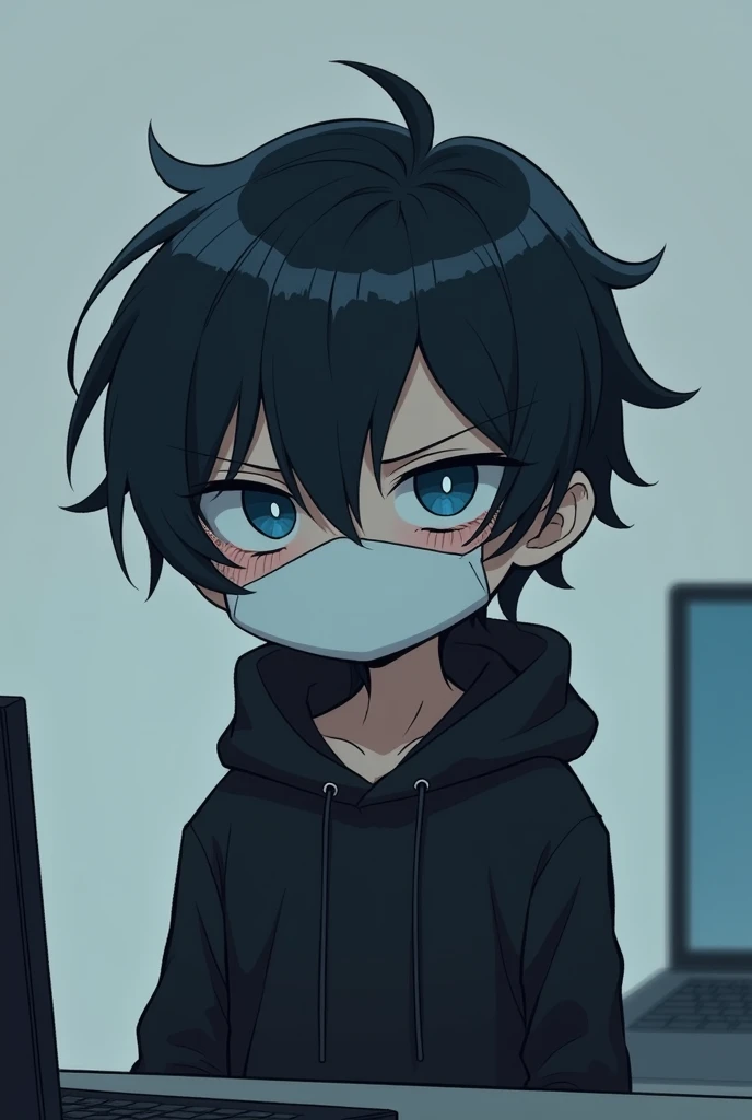 White Mask,male,Black Hair, Asymmetrical bangs, Parting the bangs,Blue Eyes,Drooping eyes,,Black hoodie,smartphone,computer,Simple background,cool,Illness,Confused eyes,Distributor,Chibi Character