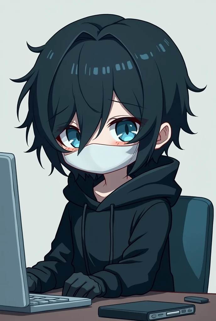 White Mask,male,Black Hair, Asymmetrical bangs, Parting the bangs,Blue Eyes,Drooping eyes,,Black hoodie,smartphone,computer,Simple background,cool,Illness,Confused eyes,Distributor,Chibi Character