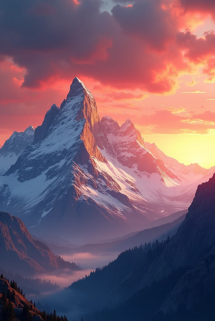 Mountain with a beautiful realistic sunset, 4K