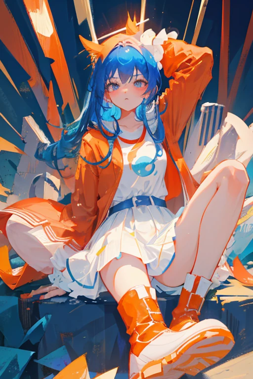 Girl power of fire blue hair. Orange sexy top white skirt red boots. Cute Panama Rabbit