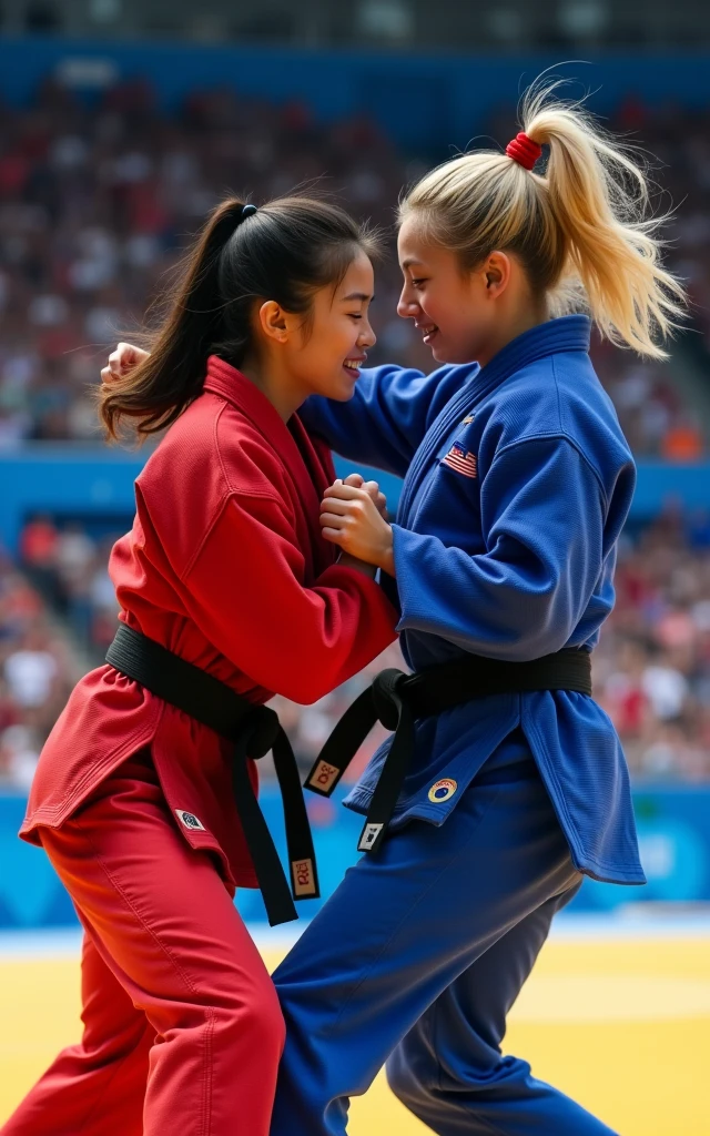 Ultra-high resolution,Women's judo at the Olympics,Two people competing on the same stage,A red judo uniform,A blue judo uniform,( The one wearing the red judo uniform is an 1 Korean beauty,Super beautiful,Super fair skin)(The girl wearing the blue judo uniform is an American blonde) full-body shot,Panoramic vistas,Wide-angle lens,Olympic Judo,Olympic competition background,The Red Team and the Blue Team compete on the same stage,Fall,suppress,Exaggerated actions,Large amplitude of action,Intense stimulation,Serious expression,be booked up,The venue was full of audience,enthusiasm,