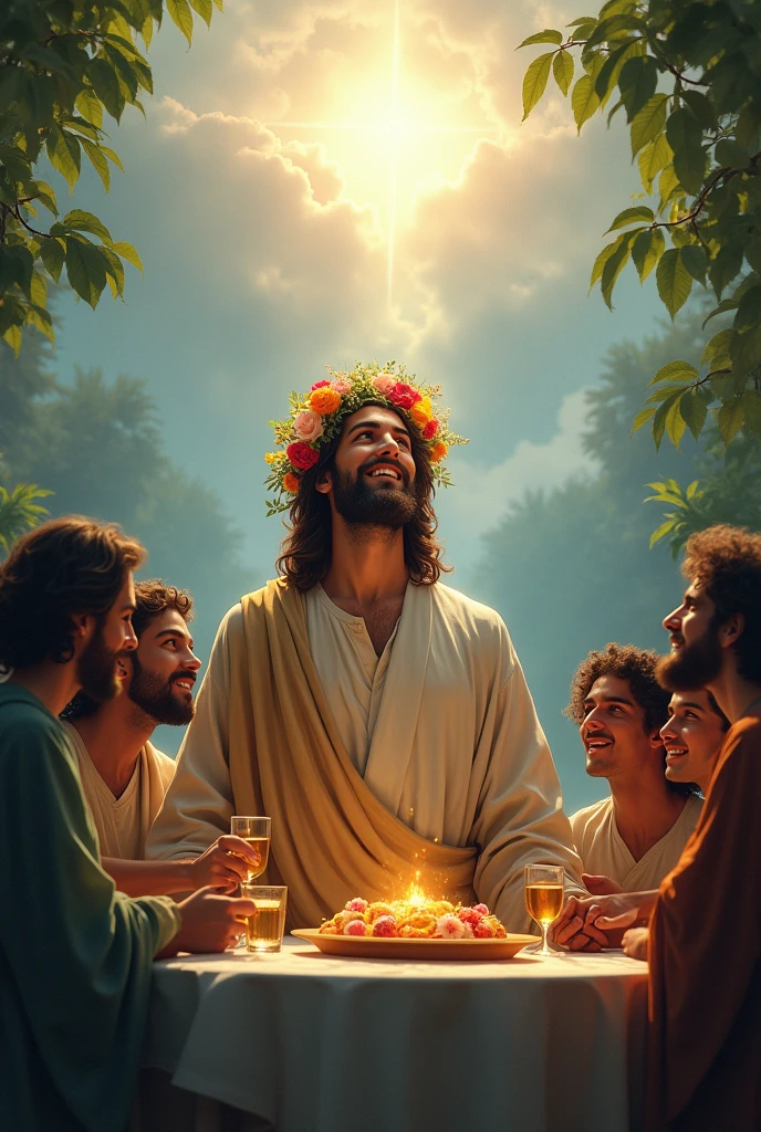 Jesus in the garden of Ernden with a crown of flowers on his head laughing looking at the sky and seeing God in the clouds and praying and his disciples at his side at a supper