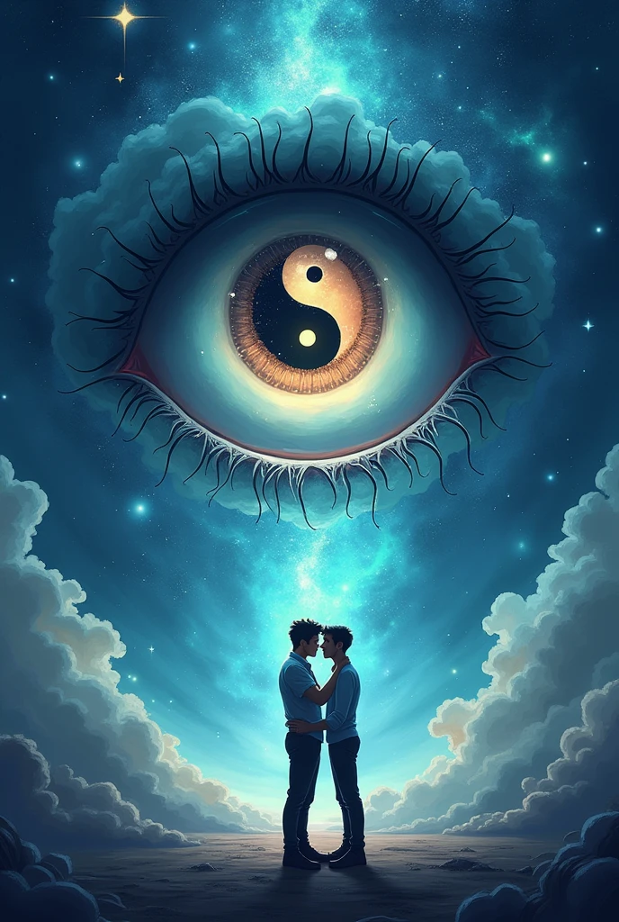 Create me a good book cover like the background is a some sort of the universe and in between or in any part, there is a big mysterious eye, and inside that eye, there is the symbol Yin Yang , and create a two men below the eye show that they are really In love Make it fantasy vibes and make it simple but artistic , emphasize the Yin Yang on the eye. Make it more cartoonish and make the book cover like a beginner but have a experience on art