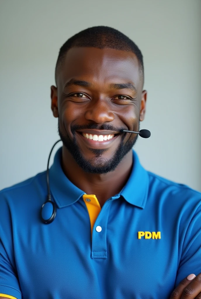 Black adult man, with little hair, Cao Cao, small smile, with lapel headset, wearing blue polo shirt with yellow collar, small mouth, shirt with "PDM" of print, short goatee