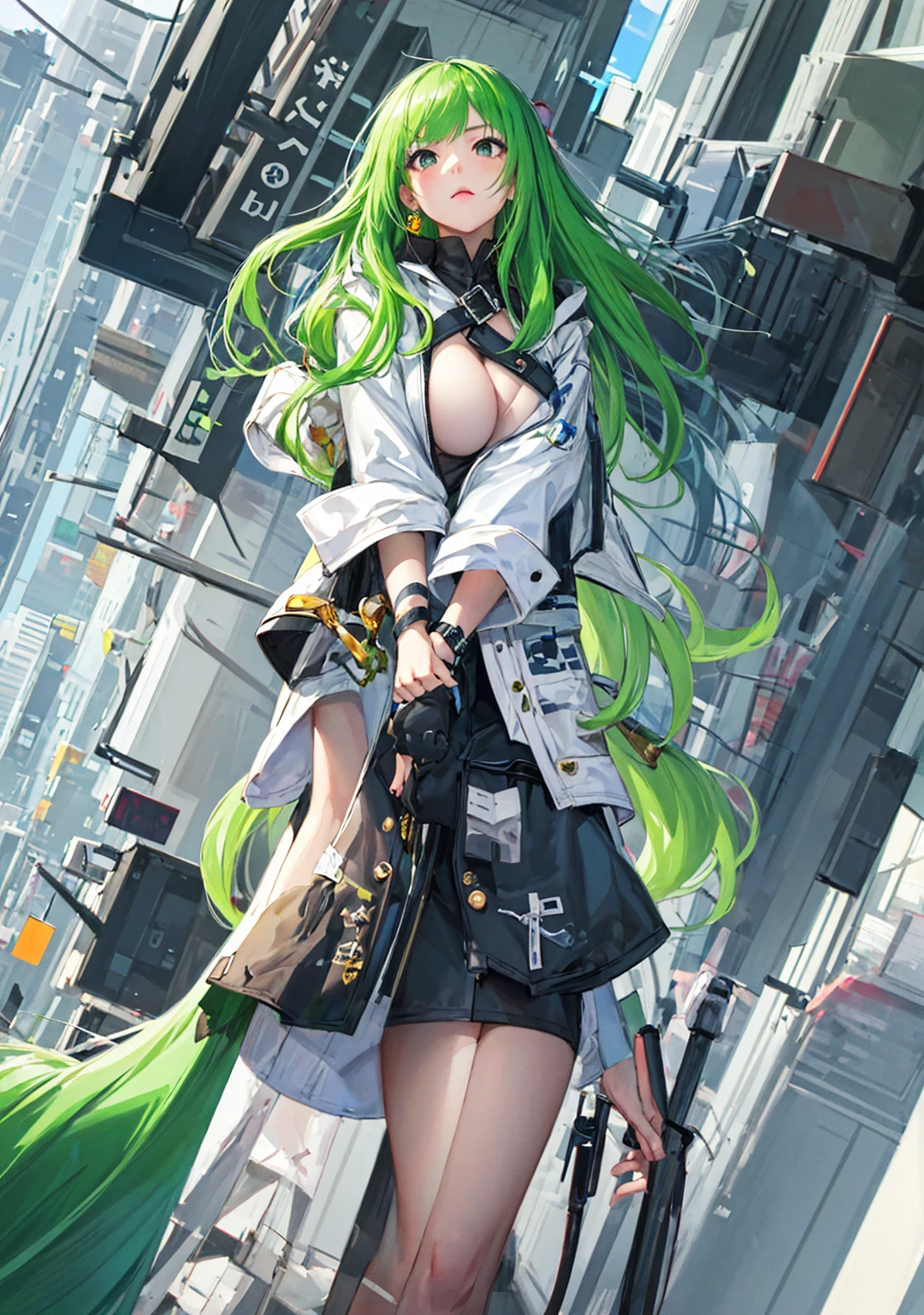 ((masterpiece)), (((best quality))), chromatic lighting,
colorized, green + white limited color palette, 
detailed concept drawing,
Shibuya street fashion, 
portrait, 20yo 1girl, medium soft breasts, slender, jacket, long green hair, black eyes,in a city,