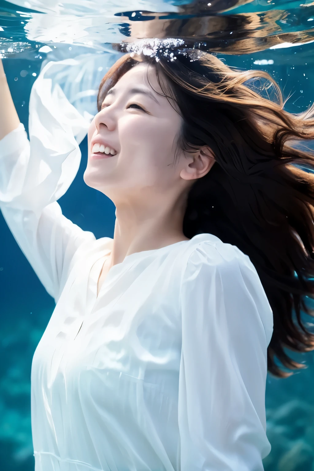 In the deep sea where only air bubbles float, A slender Japanese woman, 30 years old, is facing forward, spreading her arms toward the water and taking a deep breath. Detailed face, detailed eyes, Wearing a white shirt, Healthy and clean, A funny expression, Her hair is swaying like waves