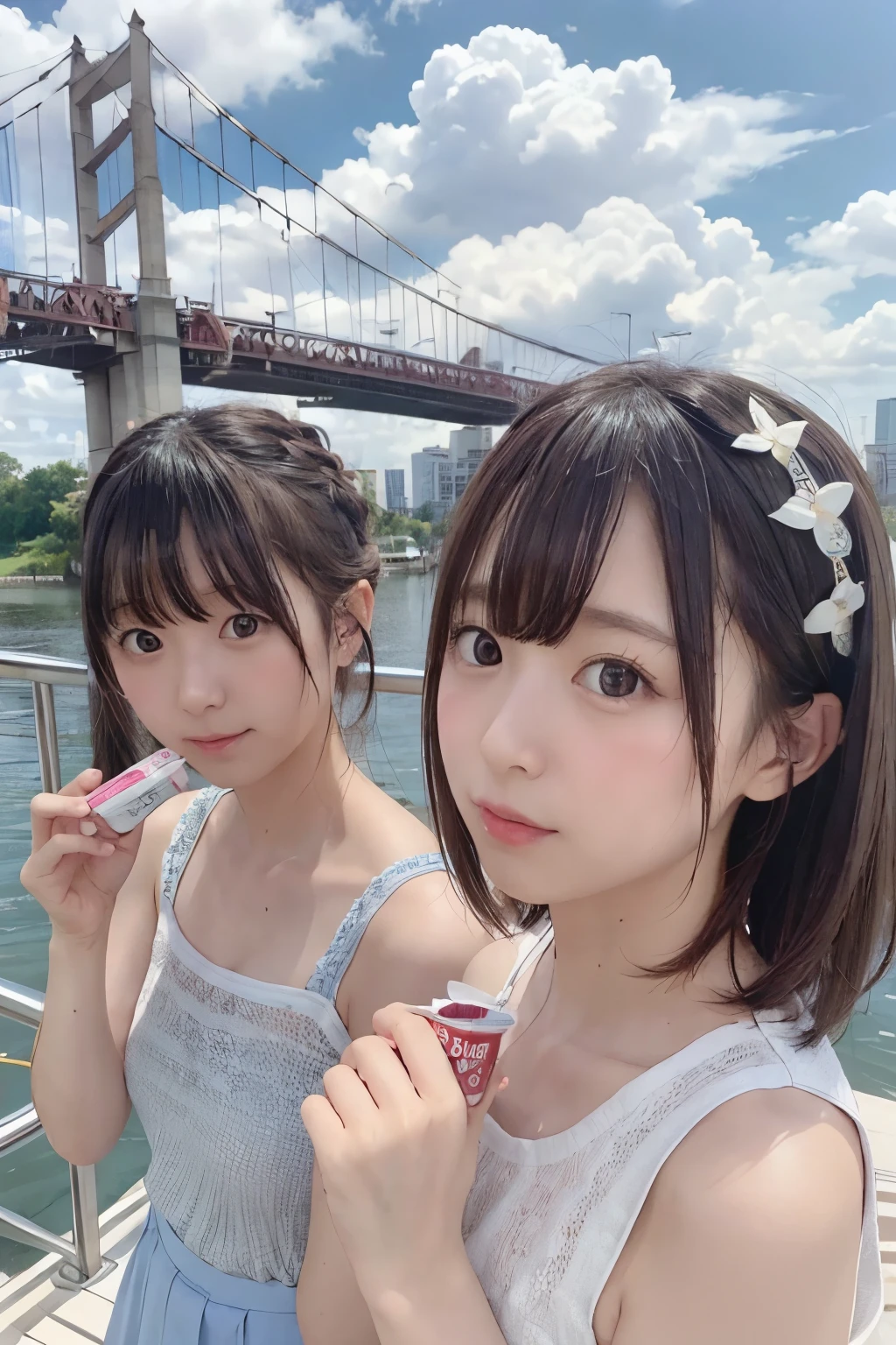 8K, RAW Photo, Best Quality, Masterpiece, Realistic, PhotoRealistic, Extremely Detailed 8k Wallpaper, Beautifully Detailed Eyes, Finely Detailed Face, 
 BREAK 
Professional Lighting, 
 BREAK 
((3 Girls are Eating Cupnoodles:1.2, s-bridge + s-river + cloud:1.2)), 
 BREAK 
Perfectly Anatomically Correct:1.0, Beautiful Thin Fingers:1.0, 
 BREAK 
3 Girls, Symmetrical Clear Eyes:1.0, 
All Members are Japanese Kawaii Teens, 
Wearing Random SHIMAMURA Summer Clothes, 
Random Short Hairs:1.0, 
 BREAK 
SFW:1.0, 
 BREAK 
Wide Shot:1.0, Distant View:1.0