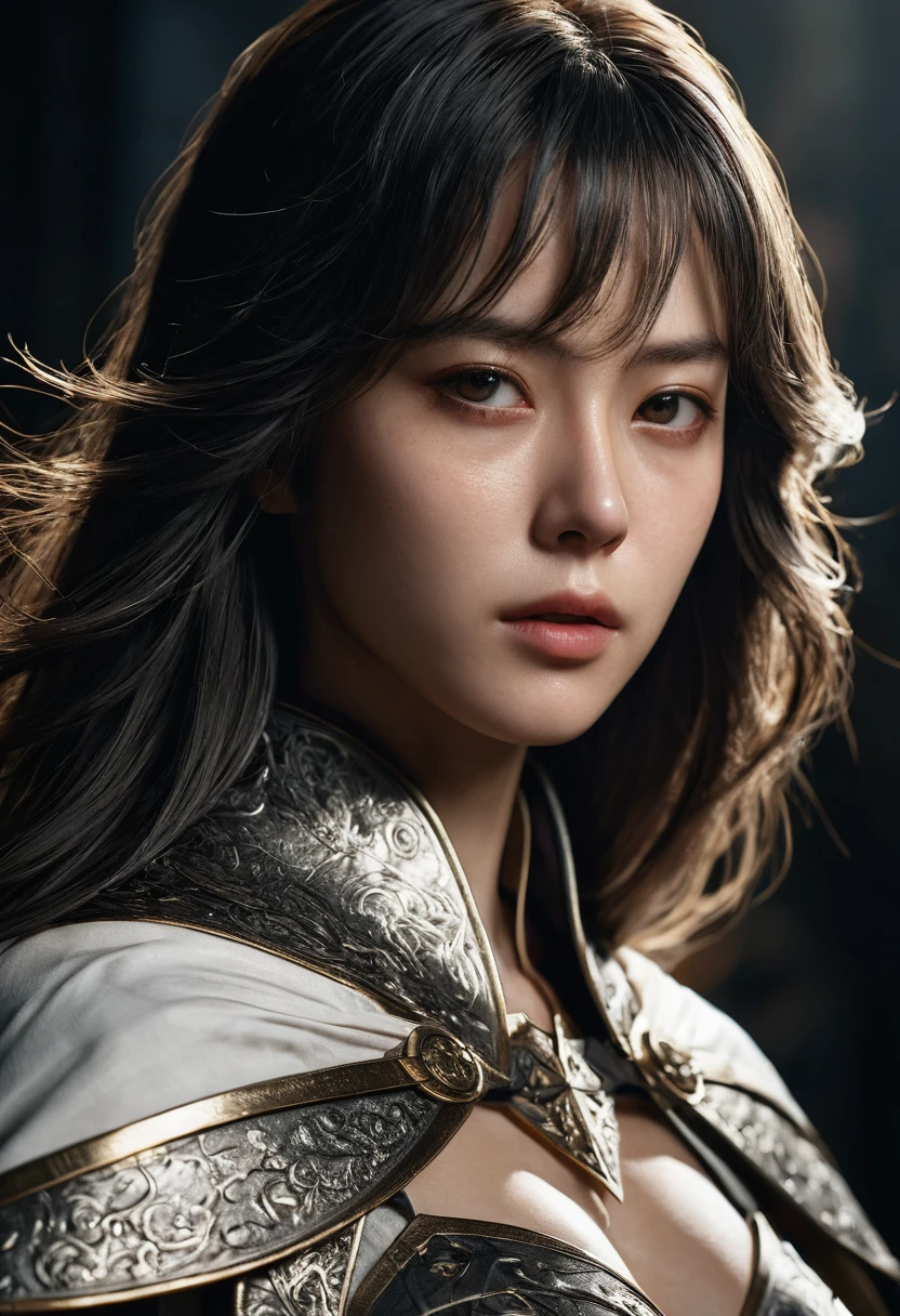 genius idol Akechi, long hair, black hair, subtle makeup, golden hour, photorealistic, high contrast, 8k HD, detailed, hyper-detailed, realistic skin texture, tiny breast, best quality, ultra high res, raw photo, dramatic lighting, unreal engine, diffuse glow intricate silver eaba, white imperial cape, spear, ((She grabbed her (sword))), no helm, intricate details High Quality, 8k, Realistic, Ultra-Detailed, Dramatic Lighting, Soft Focus, Digital Illustration, Intense Expression, Strong Gaze, Intense Emotion, Complex Mechanics, Advanced Technology, Dark Background, Cinematic, High Contrast, Moody, Strict, Atmosphere, (Best Quality, 4k, 8k, High Definition, Masterpiece: 1. 2 ), ultra-detailed, (realistic, graphic, photorealistic:1.37) --no glass