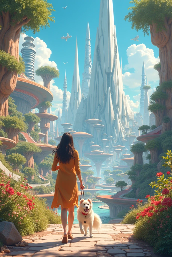 Create a futuristic city 2500 years from now where there are only happy women and smiling dogs, where the name of the city is lululandia in 5 slides