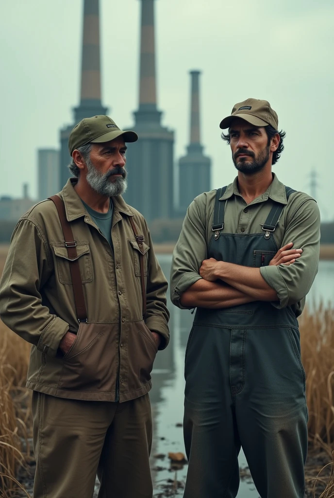 fisherman and a farmer, they are friends but they are sad.
In the background an image of large companies
