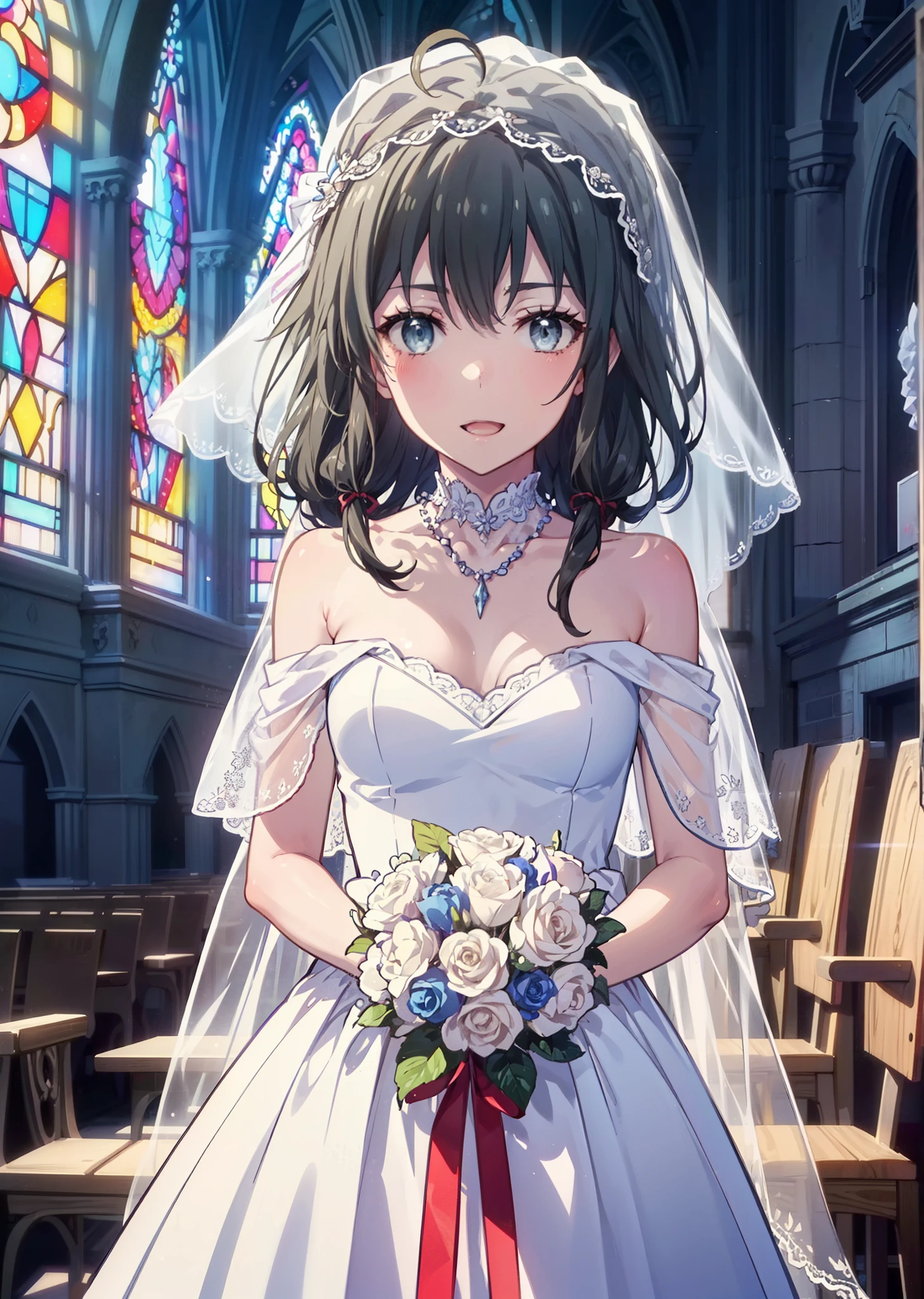 Yukino, yukino yukinoshita, Black Hair, blue eyes, Semi-long hair,Ahoge,smile,blush,Open your mouth,Off-the-shoulder white wedding dress,necklace,Expose your shoulders,bare clavicle,Bare neck,wedding long skirt,Veil,bouquet,Holding a bouquet in both hands,Stained glass,whole bodyがイラストに入る,　　　　　　　　　　　break indoors, Chapel,Association,
break looking at viewer, whole body,(Cowboy Shot:1.5),
break (masterpiece:1.2), Highest quality, High resolution, unity 8k wallpaper, (shape:0.8), (Beautiful attention to detail:1.6), Highly detailed face, Perfect lighting, Highly detailed CG, (Perfect hands, Perfect Anatomy),