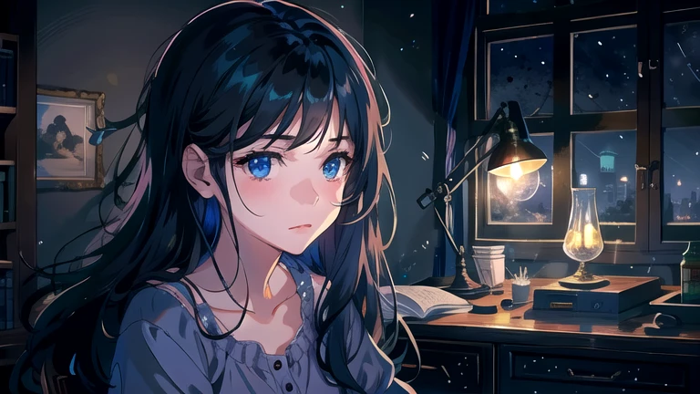 Create an illustration of black hair and blue eyes, sitting in a chair in front of a desk, Sentimental, Introspective look。, The moonlight gently shines into the room, Gently illuminate the space, Curtains sway in the wind, Increase tranquility, Dark mood, Emphasise the theme of loneliness, silence, And the depths of night, The room is dark、dimly lit by the moonlight