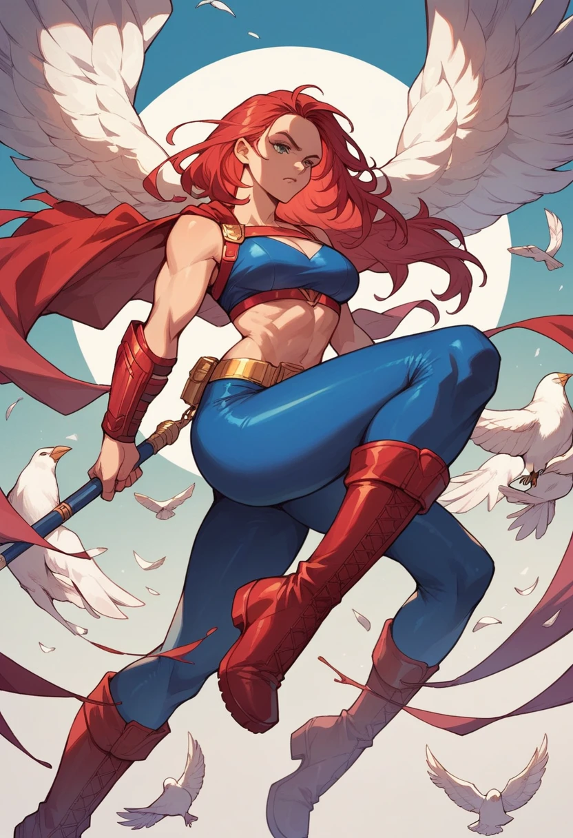 1girl, long red hair, white bird-wings, dark blue crop top, dark blue arm guards, gold belt, dark blue leggings, red high boots, gold chest harness, justice