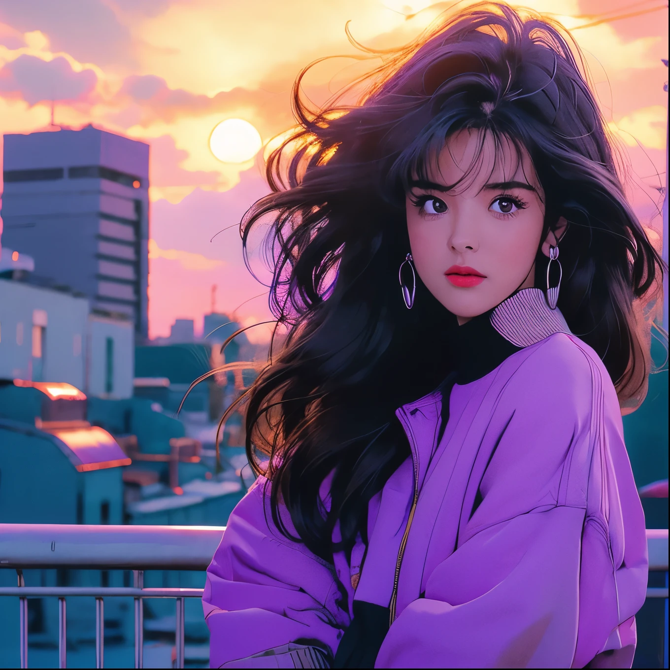Japanese,Night view,Urban purple sunset,building,pastel colour,Realistic Lighting,Strong winds