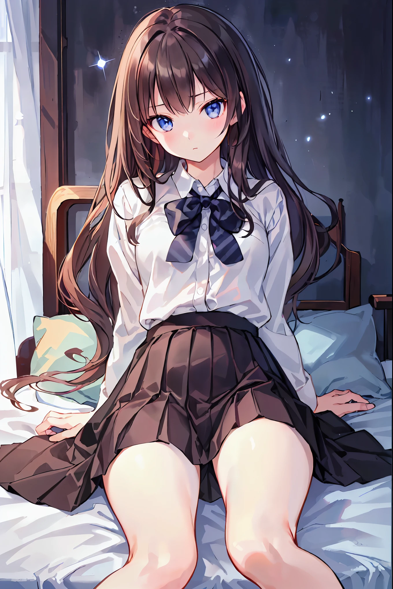 (頭からつま先までwhole body)、(whole body)、(No shoes)、(blackpantyhoseの内側に白いパンティ)、(blackストッキングの内側に白いパンティ)、(Panty shot)、(Sit with your legs together)、(膝を曲げてSpread your legs座ります)、(M-shaped feet)、Her captivating grey-blue eyes shine like stars，Brown Hair、Long Hair、bangs、Highest quality、High resolution、8k wallpaper:0.8)、(Beautiful attention to detail:1.6)、(Very detailed顔)、Perfect lighting、Extremely detailed CG、Perfect hands、Perfect Anatomy、Thin legs、(Small Tits)、Sitting on the floor、Sleep on your back、Spread your legs、look forward to、Setting from below、positive、Turn your lower body forward、In 8K、Highest quality、The true picture、Intricate details、Very detailed、超High resolution、Depth Field、(Realistic、Realistic:1.2),masterpiece, 0.25 :: Front shot、From the center、one person&#39;s、A very beautiful person、Look at my face and feel it、Big eyes、Sexy pose、attractive、Perfect Skin、(Small breasts)、Tight waist、A slight blush、alone、Looking at the audience、Five perfect fingers、Tiny Toes、sweating、 wear((School_uniform)、White shirt、Collared shirt、Pleated dress、Grey Dress、(black_pantyhose:1.2)、 blackストッキング、blackpantyhose、(Sculpture Pose:1.1)、 Show me her white panties、Panty shot、Spread your legs、Leg spread、Wide-open legs、Bedroom 、On the bed