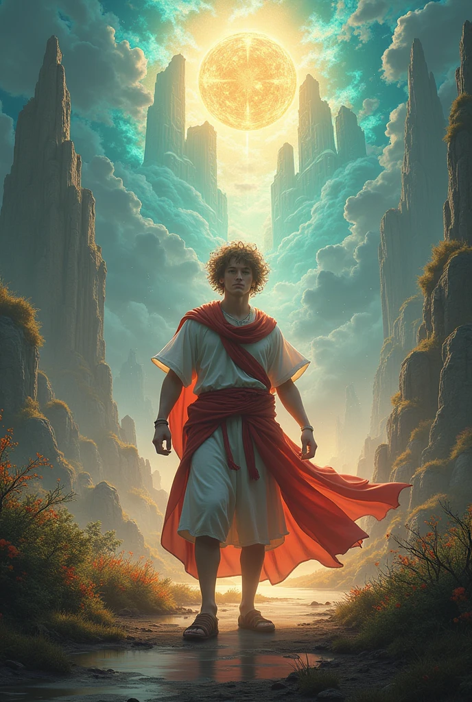 Generate me a landscape that relates to a fair person, he would be, discipline, poco comun y egocentrico q sea mitologico y asombroso y hermoso ala vez temido con mas pelo de chico de 18 años un poco mas humano mythological mas, mythological mas, mythological mas y joven chico anime