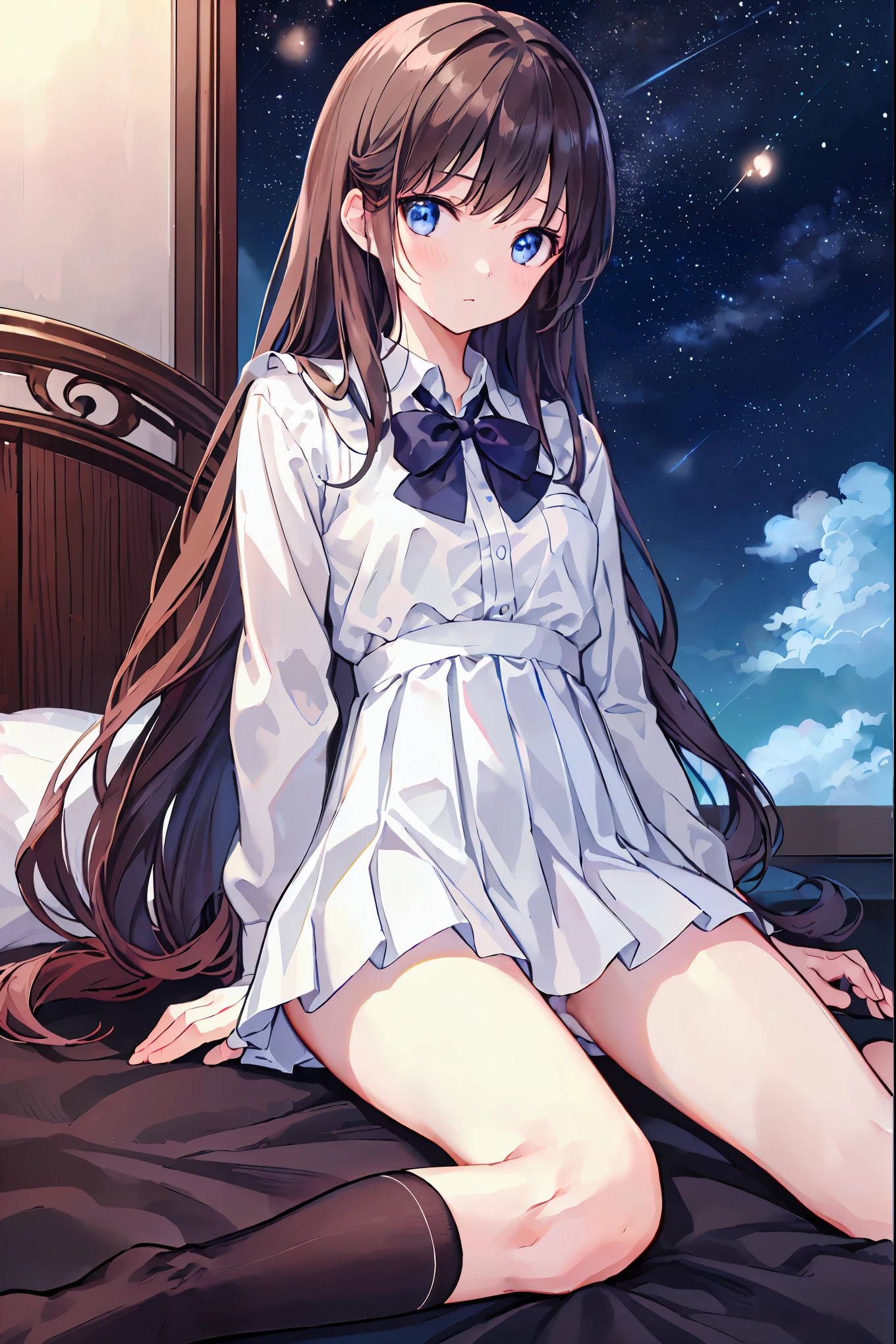 (頭からつま先までwhole body)、(whole body)、(No shoes)、(blackpantyhoseの内側に白いパンティ)、(blackストッキングの内側に白いパンティ)、(Panty shot)、(Sit with your legs together)、(膝を曲げてSpread your legs座ります)、(M-shaped feet)、Her captivating grey-blue eyes shine like stars,Brown Hair、Long Hair、bangs、Highest quality、High resolution、8k wallpaper:0.8)、(Beautiful attention to detail:1.6)、(Very detailed顔)、Perfect lighting、Extremely detailed CG、Perfect hands、Perfect Anatomy、Thin legs、(Small Tits)、Sitting on the floor、Sleep on your back、Spread your legs、look forward to、Setting from below、positive、Turn your lower body forward、In 8K、Highest quality、The true picture、Intricate details、Very detailed、超High resolution、Depth Field、(Realistic、Realistic:1.2),masterpiece, 0.25 :: Front shot、From the center、one person's、A very beautiful person、Look at my face and feel it、Big eyes、Sexy pose、attractive、Perfect Skin、(Small breasts)、Tight waist、A slight blush、alone、Looking at the audience、Five perfect fingers、Tiny Toes、sweating、 wear((School_uniform)、White shirt、Collared shirt、Pleated dress、Grey Dress、(black_pantyhose:1.2)、 blackストッキング、blackpantyhose、(Sculpture Pose:1.how me her white panties、Panty shot、Spread your legs、Leg spread、Wide-open legs、Bedroom 、On the bed