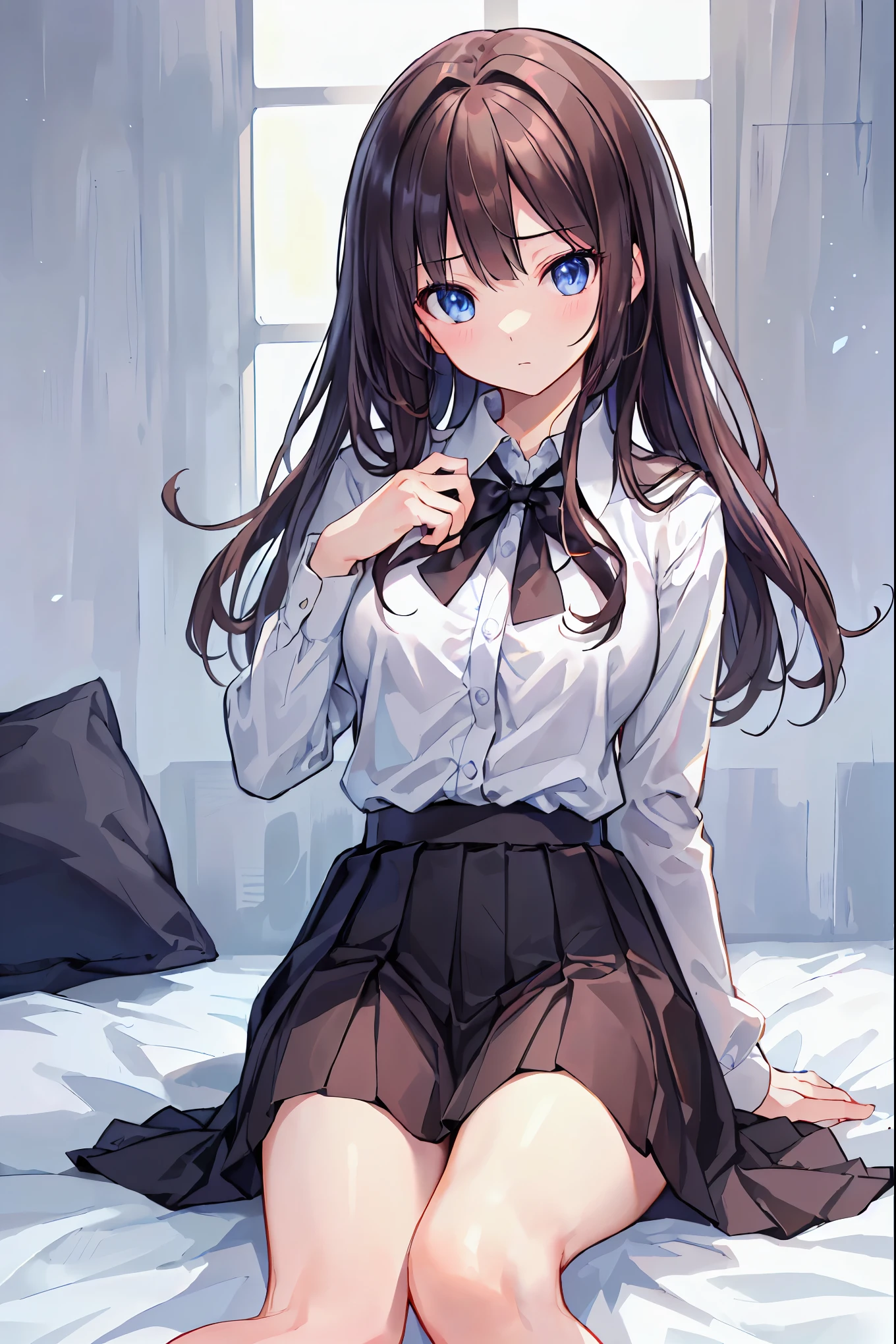 (頭からつま先までwhole body)、(whole body)、(No shoes)、(blackpantyhoseの内側に白いパンティ)、(blackストッキングの内側に白いパンティ)、( shot)、(Sit with your legs together)、(膝を曲げてSpread your legs座ります)、(M-shaped feet)、Her captivating grey-blue eyes shine like stars，Brown Hair、Long Hair、bangs、Highest quality、High resolution、8k wallpaper:0.8)、(Beautiful attention to detail:1.6)、(Very detailed顔)、Perfect lighting、Extremely detailed CG、Perfect hands、Perfect Anatomy、Thin legs、(Small Tits)ting on the floor、Sleep on your back、Spread your legs、look forward to、Setting from below、positive、Turn your lower body forward、In 8K、Highest quality、The true picture、Intricate details、Very detailed、超High resolution、Depth Field、(Realistic、Realistic:1.2),masterpiece, 0.25 :: Front shot、From the center、one person&#39;s、A very beautiful person、Look at my face and feel it、Big eyes、Sexy posetractive、Perfect Skin、(Small breasts)、Tigt、A slight blush、alone、Looking at the audience、Five perfect fingers、Tiny Toes、sweating、 wear((School_uniform)、White shirt、Collared shirt、Pleated dress、Grey Dress、(black_pantyhose:1.2)、 blaキング、blackpantyhose、(Sculpture Pose:1.1)、 Show me her white panties、Panty shot、Sprealegs、Legad、Wide-open legs、Bedroom 、On the bed