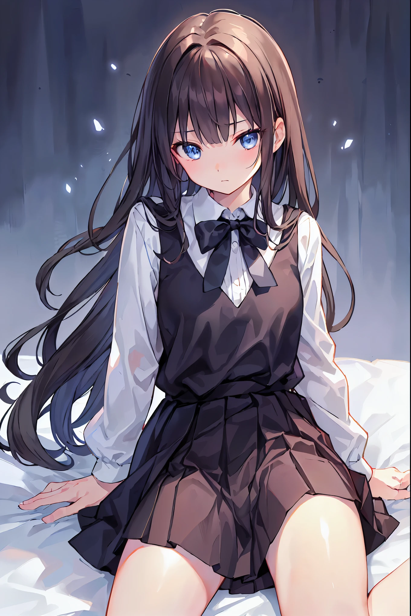 (頭からつま先までwhole body)、(whole body)、(No shoes)、(blackpantyhoseの内側に白いパンティ)、(blackストッキングの内側に白いパンティ)、(Panty shot)、(Sit with your legs together)、(膝を曲げてSpread your legs座ります)、(M-shaped feet)、Her captivating grey-blue eyes shine like stars,Brown Hair、Long Hair、bangs、Highest quality、High resolution、8k wallpaper:0.8)、(Beautiful attention to detail:1.6)、(Very detailed顔)、Perfect lighting、Extremely detailed CG、Perfect hands、Perfect Anatomy、Thin legs、(Small Tits)、Sitting on the floor、Sleep on your back、Spread your legs、look forward to、Setting from below、positive、Turn your lower body forward、In 8K、Highest quality、The true picture、Intricate details、Very detailed、超High resolution、Depth Field、(Realistic、Realistic:1.2),masterpiece, 0.25 :: Front shot、From the center、one person's、A very beautiful person、Look at my face and feel it、Big eyes、Sexy pose、attractive、Perfect Skin、(Small breasts)、Tight waist、A slight blush、alone、Looking at the audience、Five perfect fingers、Tiny Toes、sweating、 wear((School_uniform)、White shirt、Collared shirt、Pleated dress、Grey Dress、(black_pantyhose:1.2)、 blackストッキング、blackpantyhose、(Sculpture Pose:1.1)、 Show me her white panties、Panty shot、Spread your legs、Leg spread、Wide-open legs、Bedroom 、On the bed