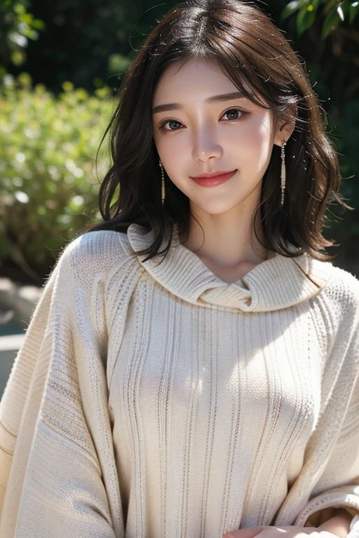 (Two pure Japanese,), (Small :1.5,),(alone,,Textured skin, Detailed skin,Detailed face,Detailed eyes,detailed posing,Natural eyebrows,Sparkling eyes,Attention to detail, Highest quality, Very detailed, Surrealism, ,8k,RAW Photos,Photographicism,Professional Lighting,Ray Tracing,Portrait Photography,Soft Light),((Black Hair, Natural Makeup,Simple Earrings, Medium Hair,Wavy Hair,smile)),(((poncho style sweater,Have a camera)))