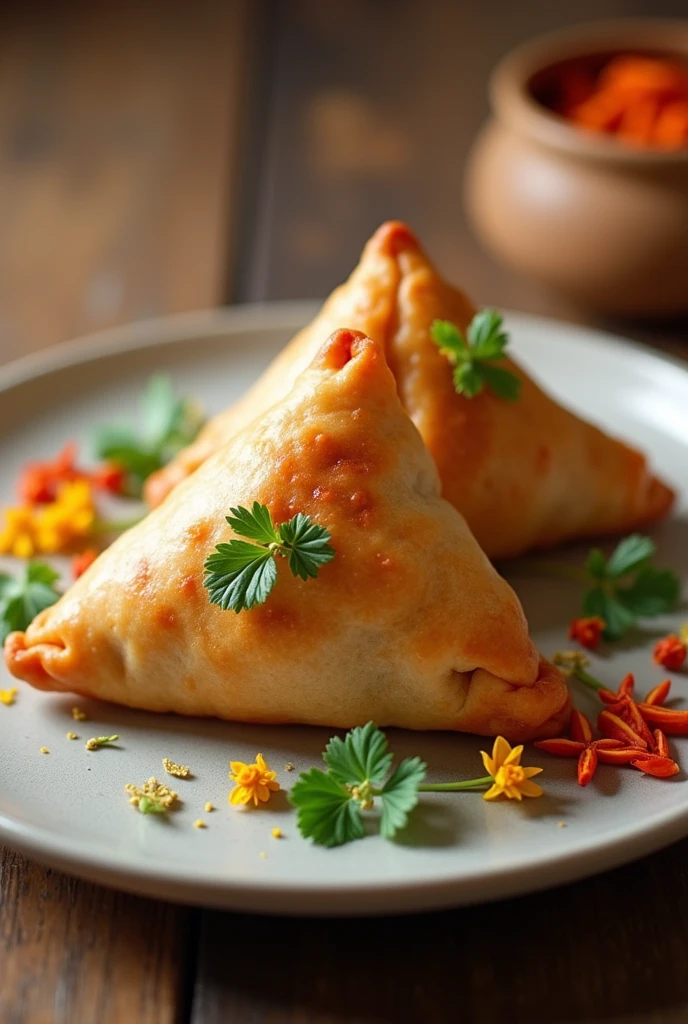 Aloo samosa in plate with decoration