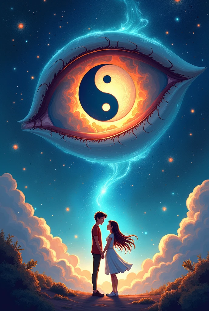 Create me a good book cover like the background is a some sort of the universe and in between or in any part, there is a big mysterious eye, and inside that eye, there is the symbol Yin Yang , and create a two men tall and young below the eye show that they are really In love Make it fantasy vibes and make it simple but artistic , emphasize the Yin Yang on the eye. Make it more cartoonish and make the book cover like a beginner but have a experience on art