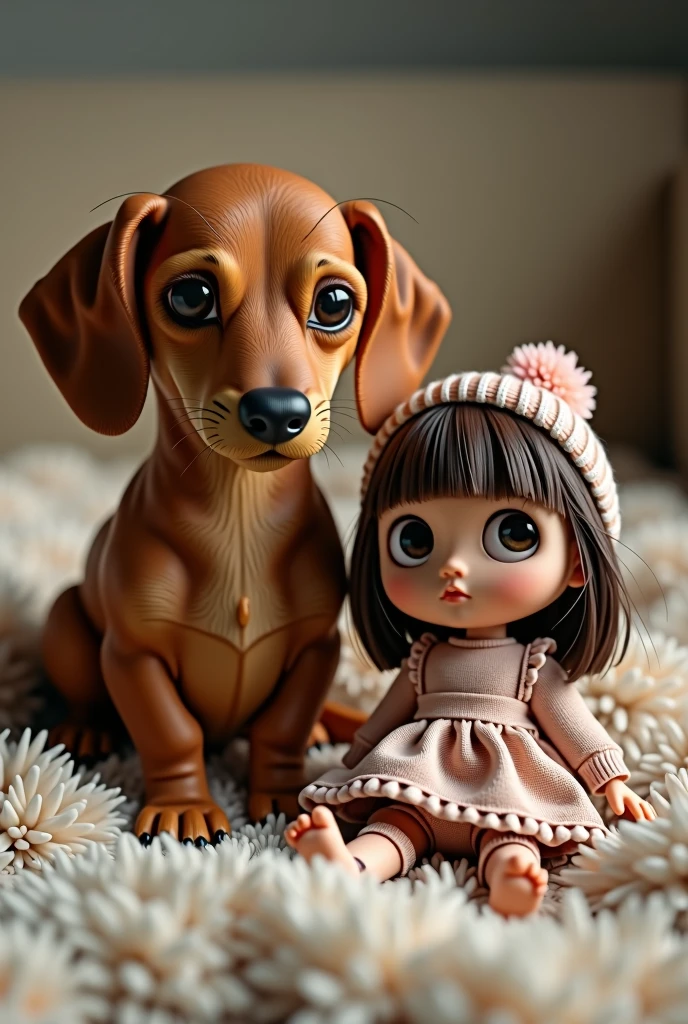 A realistic brown miniature dachshund Smooth sitting next to a Blythe doll。