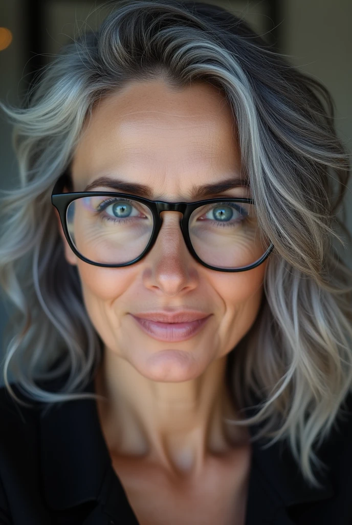 Gray-haired woman, Black eyes and glasses 