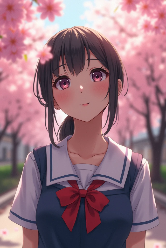 (highest quality,masterpiece:1.3,ultra high resolution),(Super detailed,caustics,8k),(photorealistic:1.4,RAW shooting),1 girl,(Looking up at the cherry blossoms with a smile),1,cute,Japanese,black short ponytail,(school uniform),glamorous,(big boobs),( close up),(breast focus),street,cherry blossoms,Natural light,(Lens flare),professional writing,(cowboy shot),(bird's eye view:1.3),(high position:1.4),(high angle:1.4)
