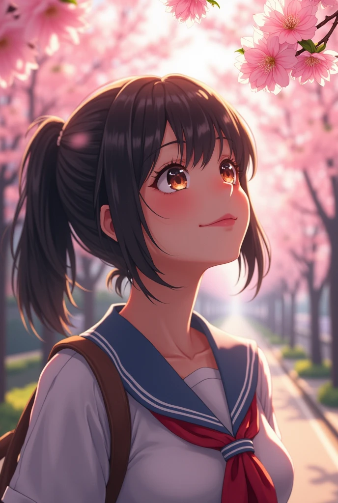 (highest quality,masterpiece:1.3,ultra high resolution),(Super detailed,caustics,8k),(photorealistic:1.4,RAW shooting),1 girl,(Looking up at the cherry blossoms with a smile),1,cute,Japanese,black short ponytail,(school uniform),glamorous,(big boobs),( close up),(breast focus),street,cherry blossoms,Natural light,(Lens flare),professional writing,(cowboy shot),(bird's eye view:1.3),(high position:1.4),(high angle:1.4)