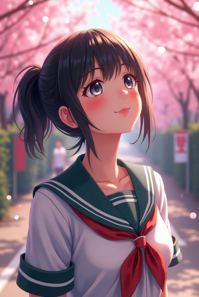 (highest quality,masterpiece:1.3,ultra high resolution),(Super detailed,caustics,8k),(photorealistic:1.4,RAW shooting),1 girl,(Looking up at the cherry blossoms with a smile),1,cute,Japanese,black short ponytail,(school uniform),glamorous,(big boobs),( close up),(breast focus),street,cherry blossoms,Natural light,(Lens flare),professional writing,(cowboy shot),(bird's eye view:1.3),(high position:1.4),(high angle:1.4)