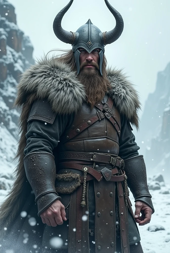 back-up portrait image of a lightly armored Viking in the snow wearing a horned helmet
