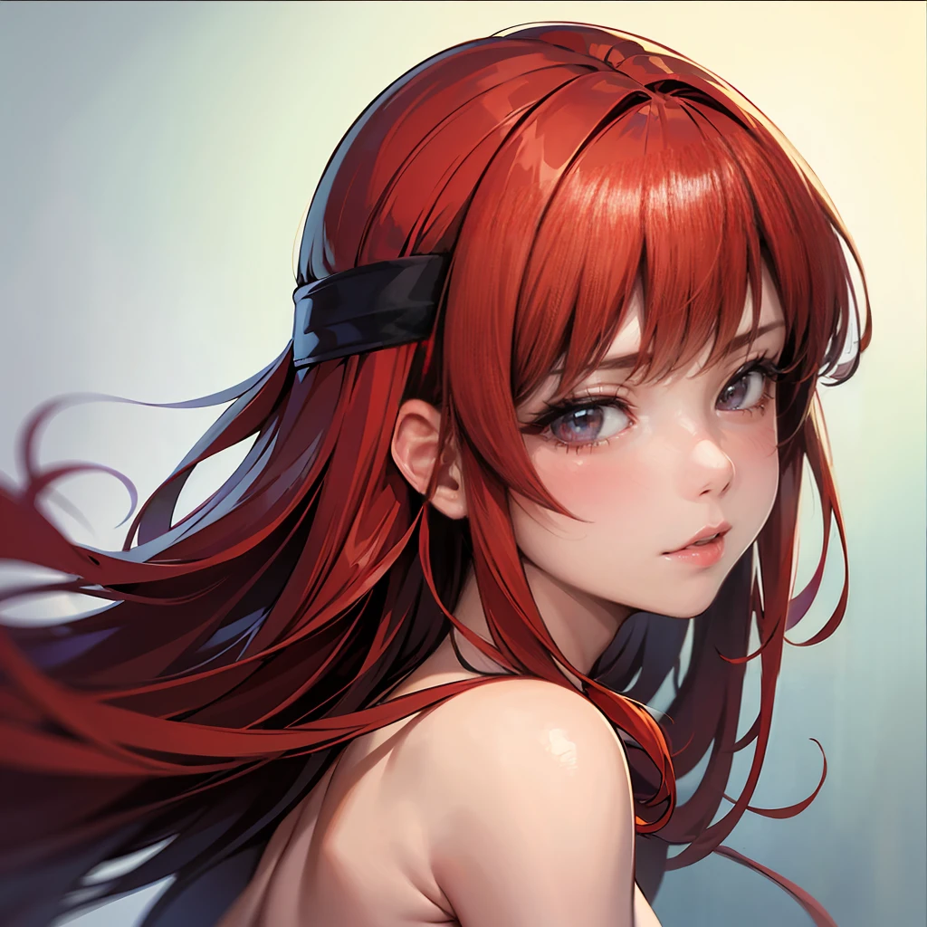 2d,1990s style,masterpiece,best quality,ultra detailed,a girl,student,clear,red eyes,red hair,straight hair,long hair,swept bangs,yellow headband,frontal face,nude,vulgarity,female_orgasm,streaming tears,classroom,looking ahead,from side,face close-up