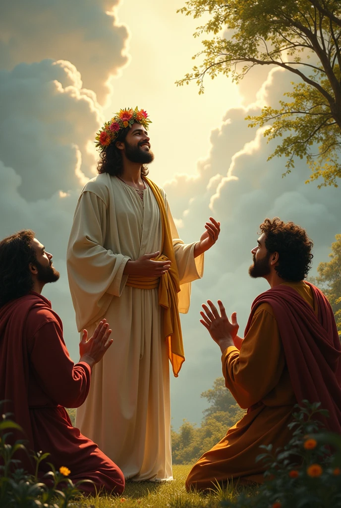 Jesus in the garden of Erndem with a crown of flowers on his head laughing looking at the sky and seeing God in the clouds and praying and his disciples at his side at a supper with their hands to the heavens