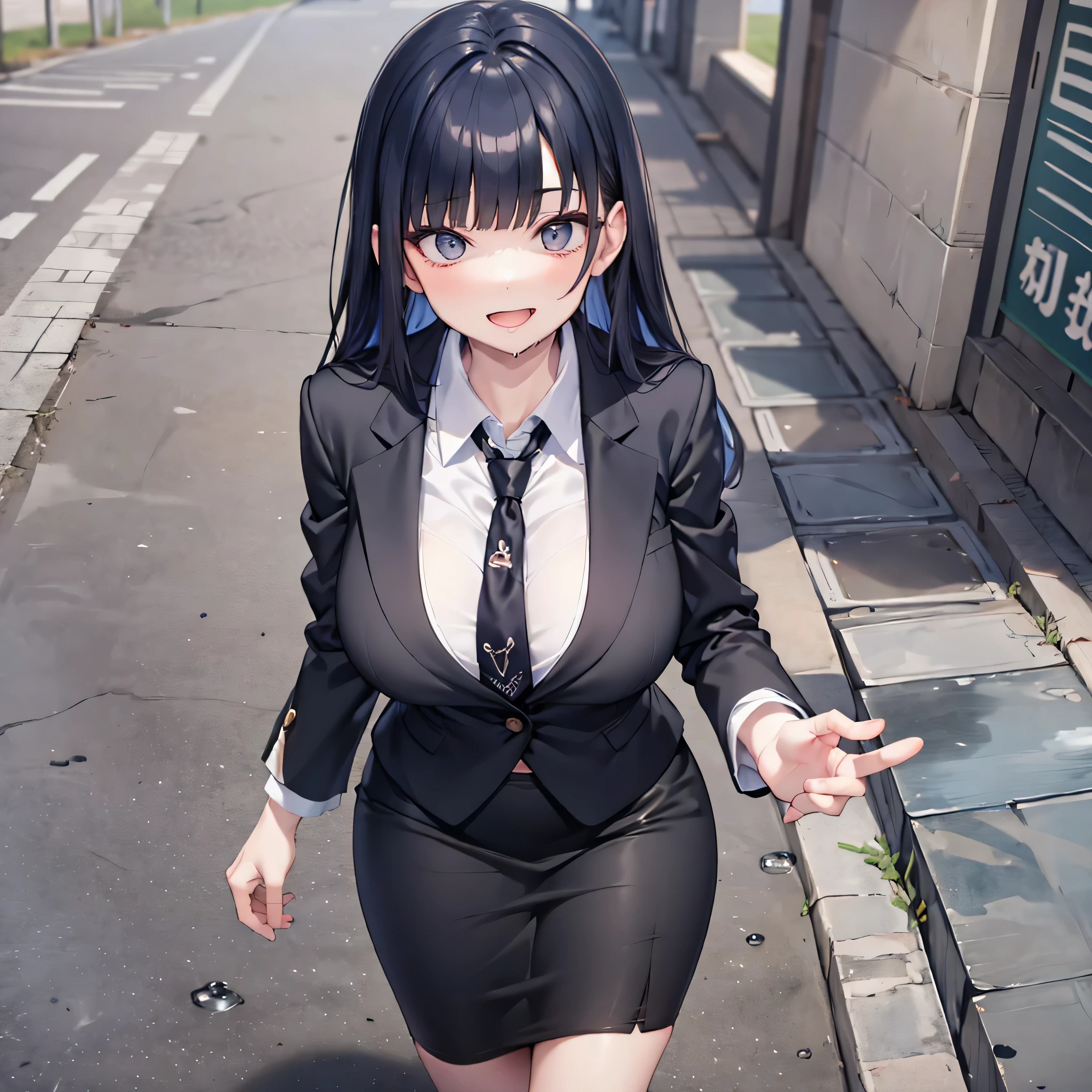 (solo), (1 skinny girl walking:1.2), standing, tight-fit black blazer, (tight-fit black pencil skirt), necktie, (closing chest by white shirts under black blazer), BREAK, (long skinny legs), bursting huge breasts, BREAK, (forced smile:1.2), (dripping tires:1.2), (disappeared), open mouth, orgasm, (nsfw:0.8), (pussy juice dripping down legs), hand grabbing own breast