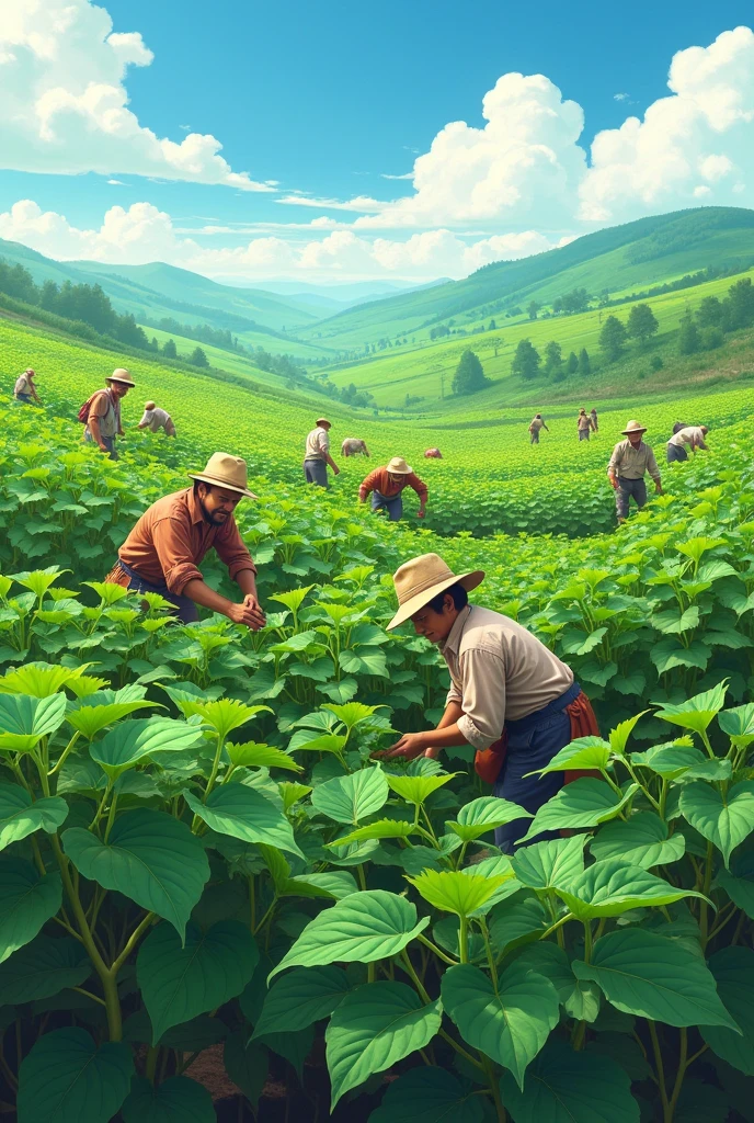 Create a bean field with farmers harvesting the plants