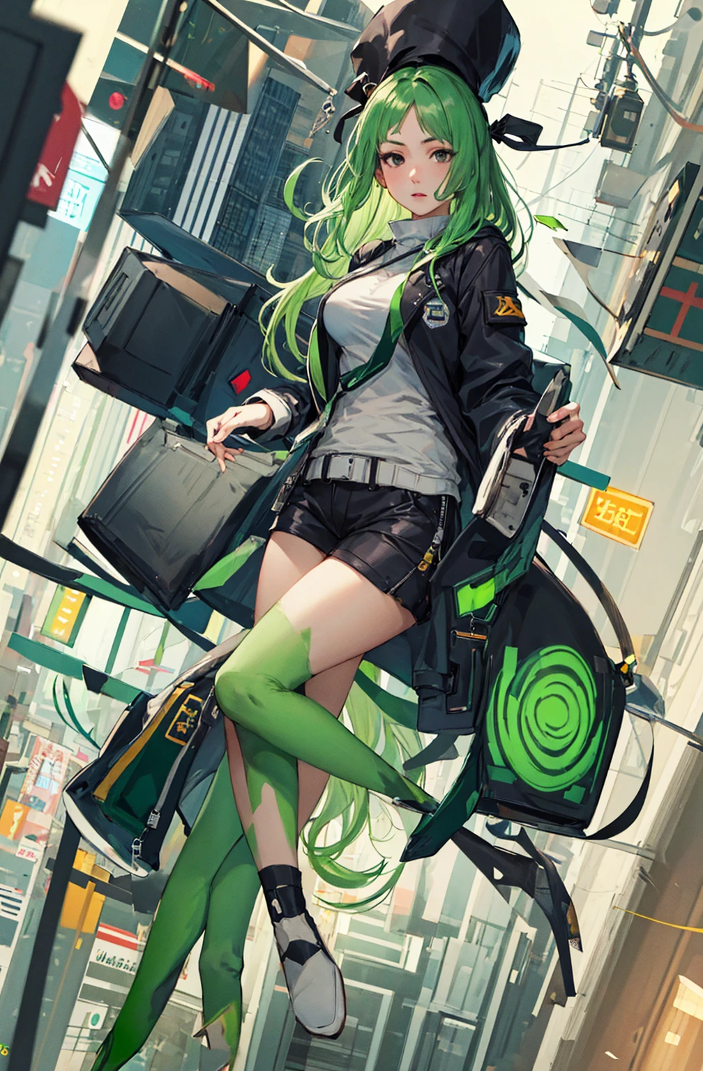 ((masterpiece)), (((best quality))), chromatic lighting,
colorized, green + white limited color palette,
detailed concept drawing,
Shibuya street fashion,
portrait, 20yo 1girl, medium soft breasts, slender, jacket, long green hair, black eyes,in a city,