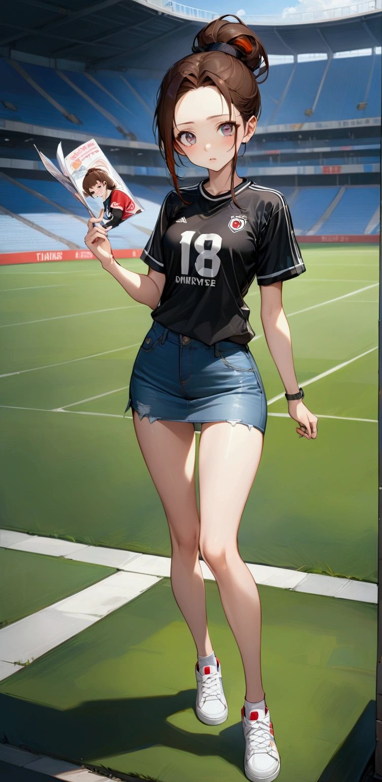 realistic anime illustration of young woman is holding a pamphlet and paper fan at stadium, she has black bun (+forehead, multicolored hair, brown hair), she wearing black loosed soccer shirt, light-blue denim pencil mini skirt, white sneakers, (1girl, solo, full body), (masterpiece, best quality, japanese anime style), (expressive eyes, perfect face)