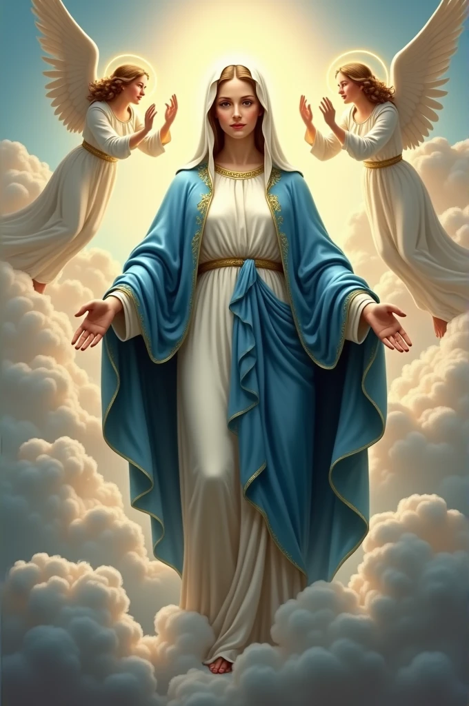 Our Lady of Graces in a background with some clouds and angels around her