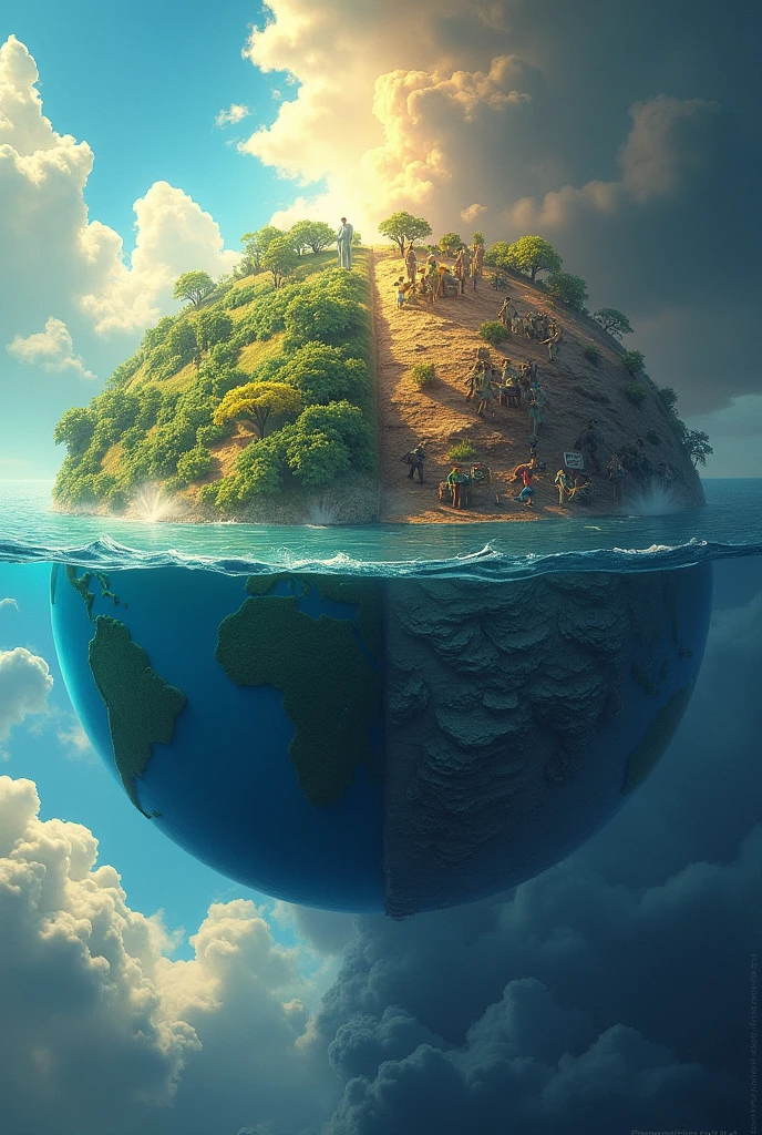 Crate a poster for environment in which two earth are shown one is good earth and other one is bad earth and both have their own proples and emotiona
